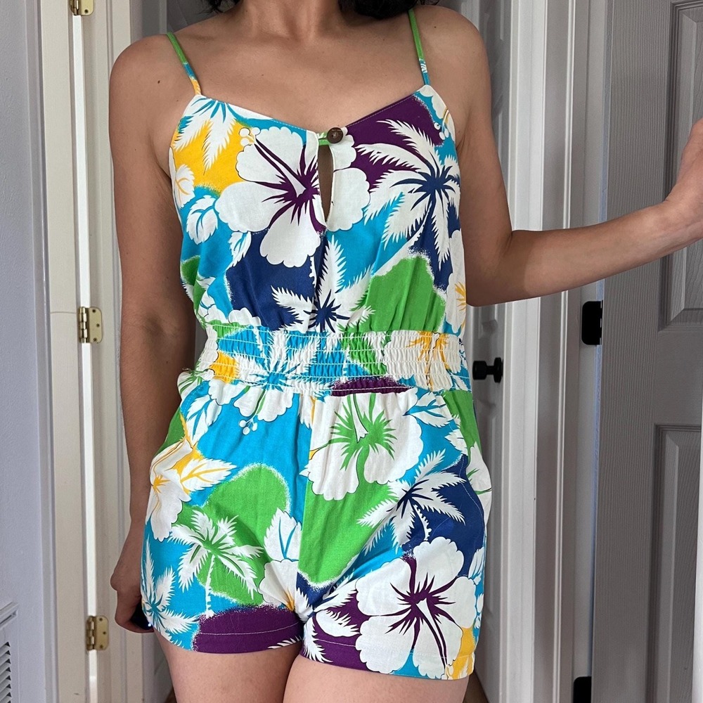 Vintage 80s cotton shorts vacation romper floral hawaii Medium